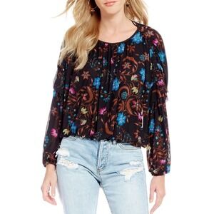 FREE People Black Wildflower Honey Mesh Floral Blouson Ruffle Top Size XS